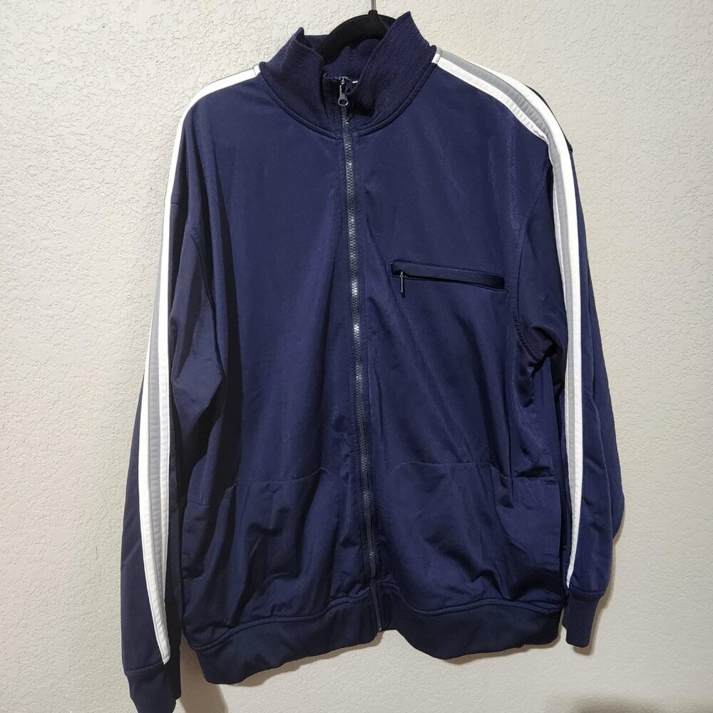 Athletic Works Track Jacket Mens Large Navy Full Zip Stripe Sleeve Mock Neck